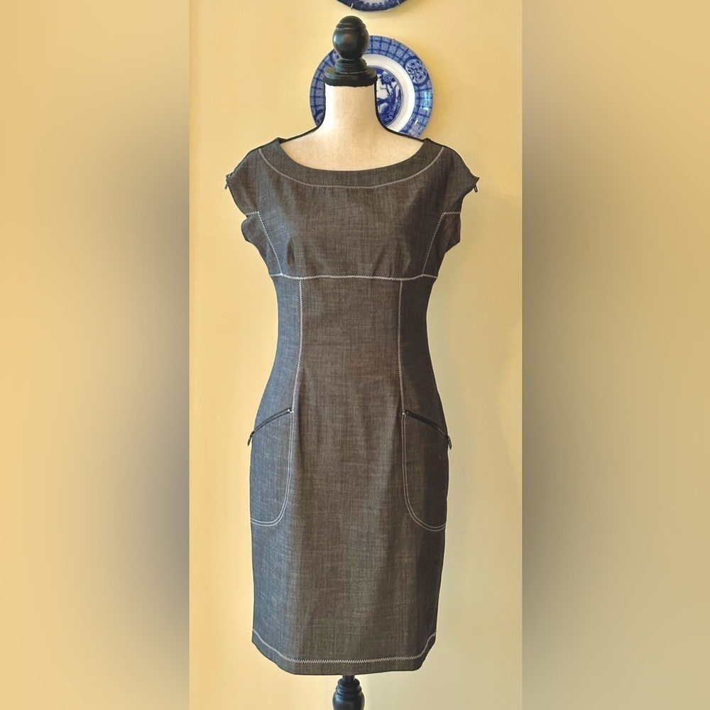 Miss Sixty | Gray Sheath Dress with Wide Neckline, Zippers and Zigzag Stitching - Picture 3 of 12